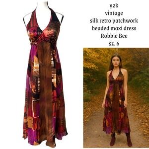 y2k vintage Retro Patchwork Silver beaded halter Maxi Dress  sz.‎ 6 medium